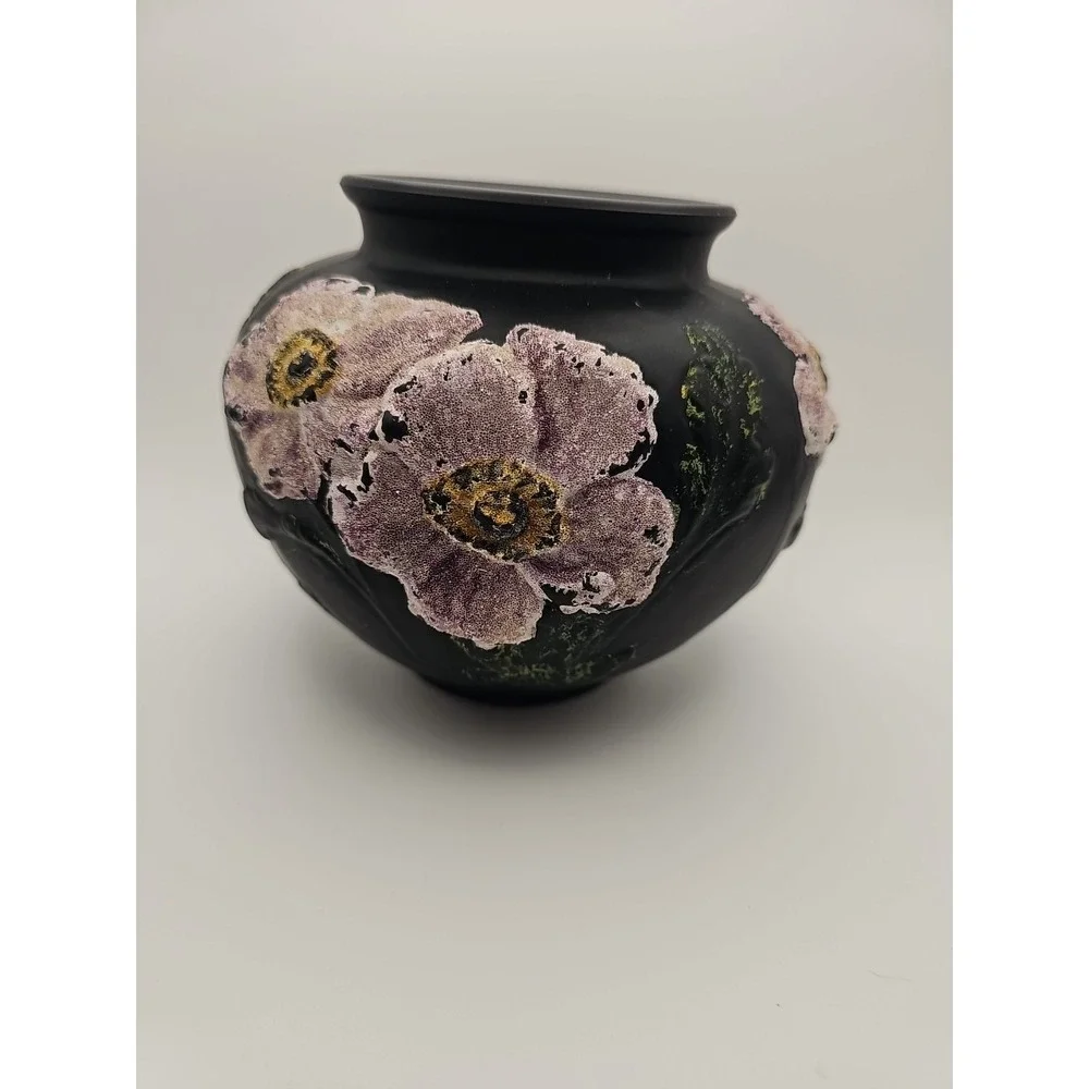 Antique Tiffin Coralene Embossed Handpainted  Poppy Vase Black Satin On Amethyst